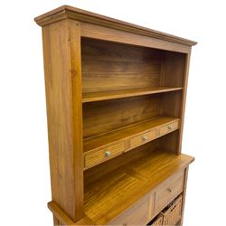 Manor Oak - light oak dresser and rack, fitted with two shelves with three drawers, two deep drawers and pot baked base with basket storage