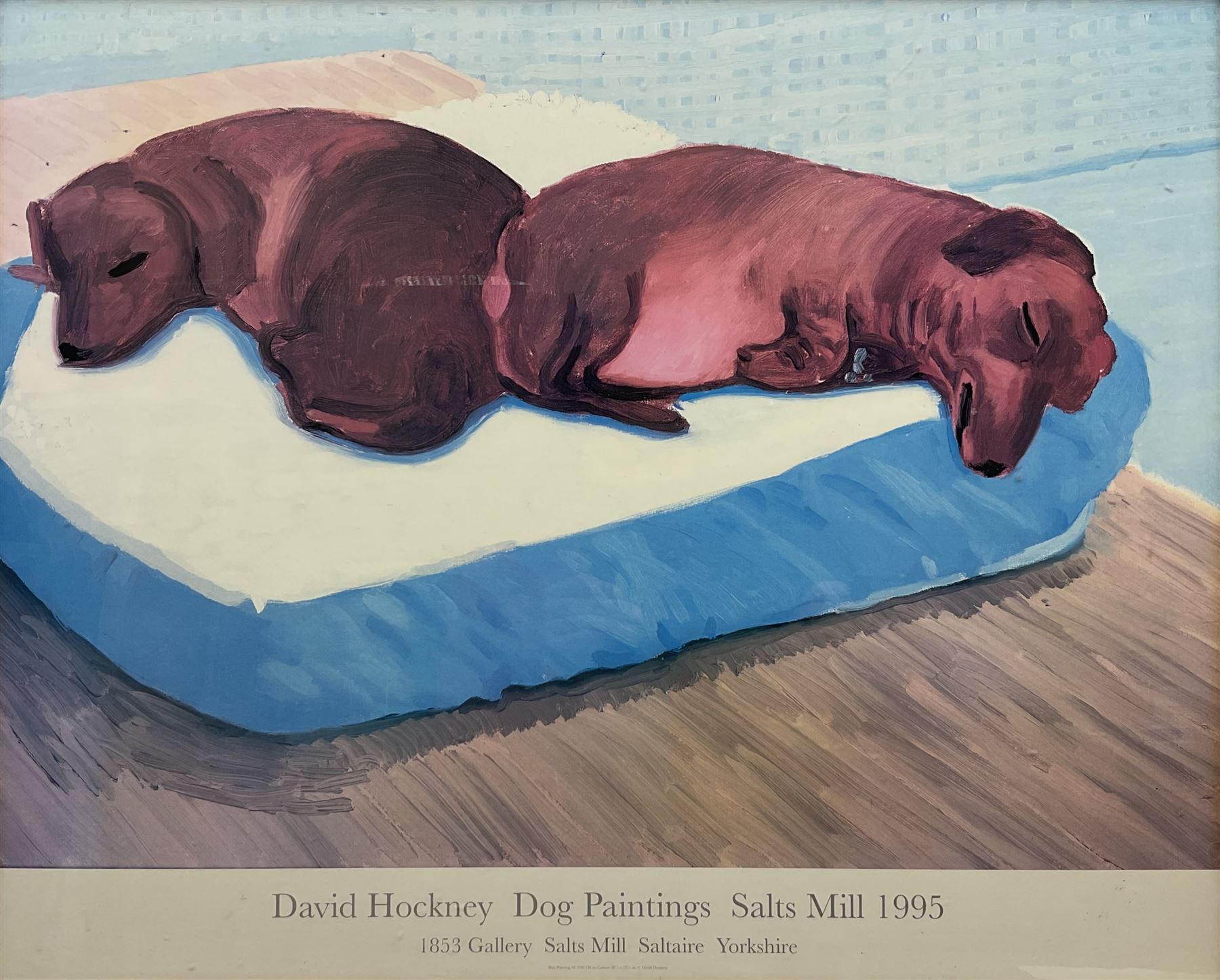 After David Hockney (British 1937-): 'Dog Paintings Salt Mill 1995', colour lithograph exhibition poster pub. for 1853 Gallery Salts Mill Saltaire Yorkshire 1995, 52cm x 64cm