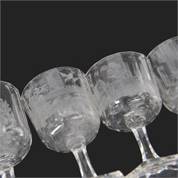 Set of four Galle, Nancy, intaglio engraved liqueur glasses, Gallé, Nancy, circa 1880, each with faceted bucket bowl engraved with animals within landscape settings, upon hexagonal stems and hexagonal feet, two examples engraved 'Galle Reinemer a Nancy', one engraved 'Galle a Nancy', and one unsigned, H7cm