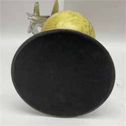 Art Deco style world globe with chrome aeroplane finial and mounts, H31cm