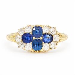 Victorian sapphire and diamond cluster ring, four oval cut sapphires, surrounded by eight ...