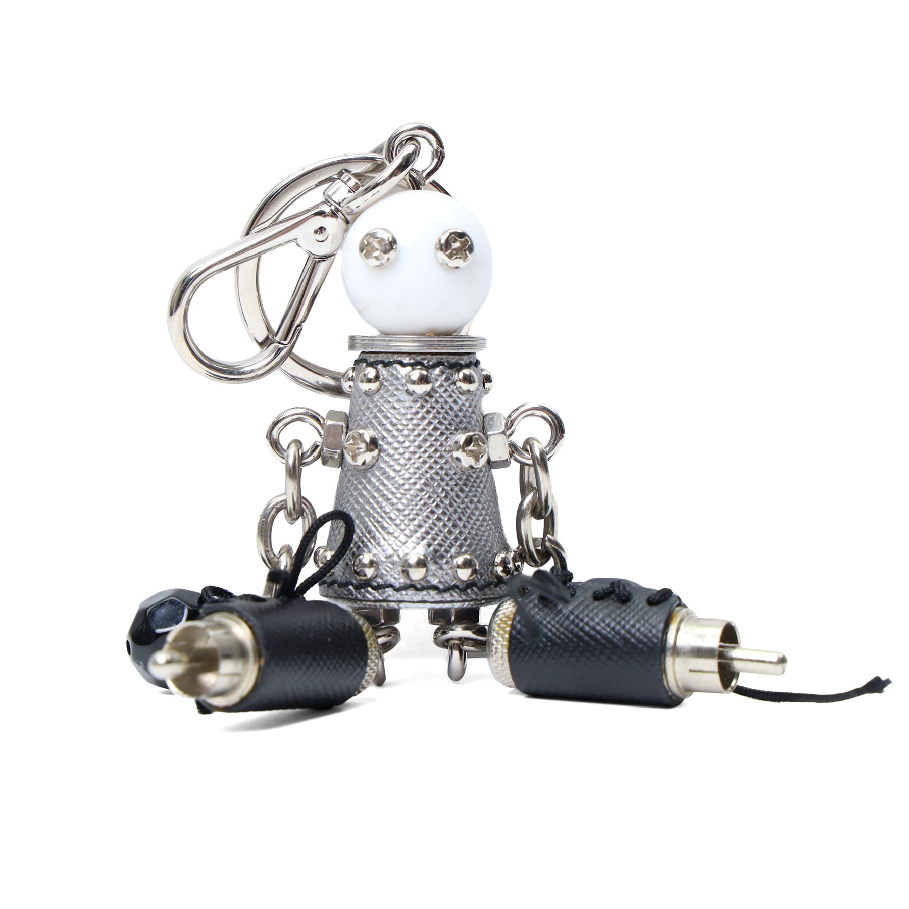 Prada - ‘Robot’ keyring and bag charm, in silver Saffiano leather and metal with studded detailing, articulated chain limbs and black bead hands, with split ring and lobster clasp, with original box