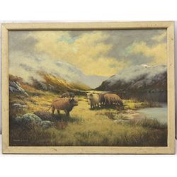 E Adams (British 19th/20th century): Plymouth Boats, watercolour signed 18cm x 27cm; Gordon Lindsay (British 1936-2005): Highland Cattle, oil on canvas signed 45cm x 60cm (2)