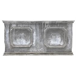 Large rectangular lead jardinière planter, the front and sides decorated with moulded framing, upper and lower edge mould