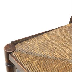19th century set of six ash and elm ladderback dining chairs, shaped ladder backs above rush seats, raised on turned front supports with pad feet, united by turned stretchers