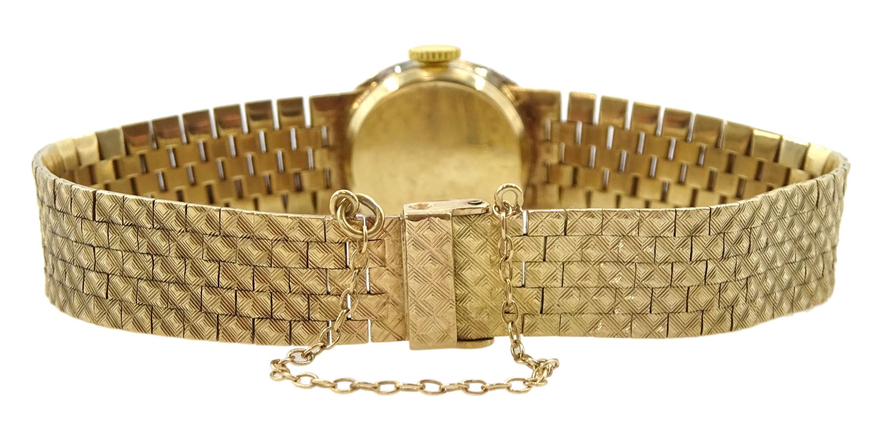 Bueche Girod 9ct gold ladies manual wind bracelet wristwatch, with diamond set bezel, London 1968