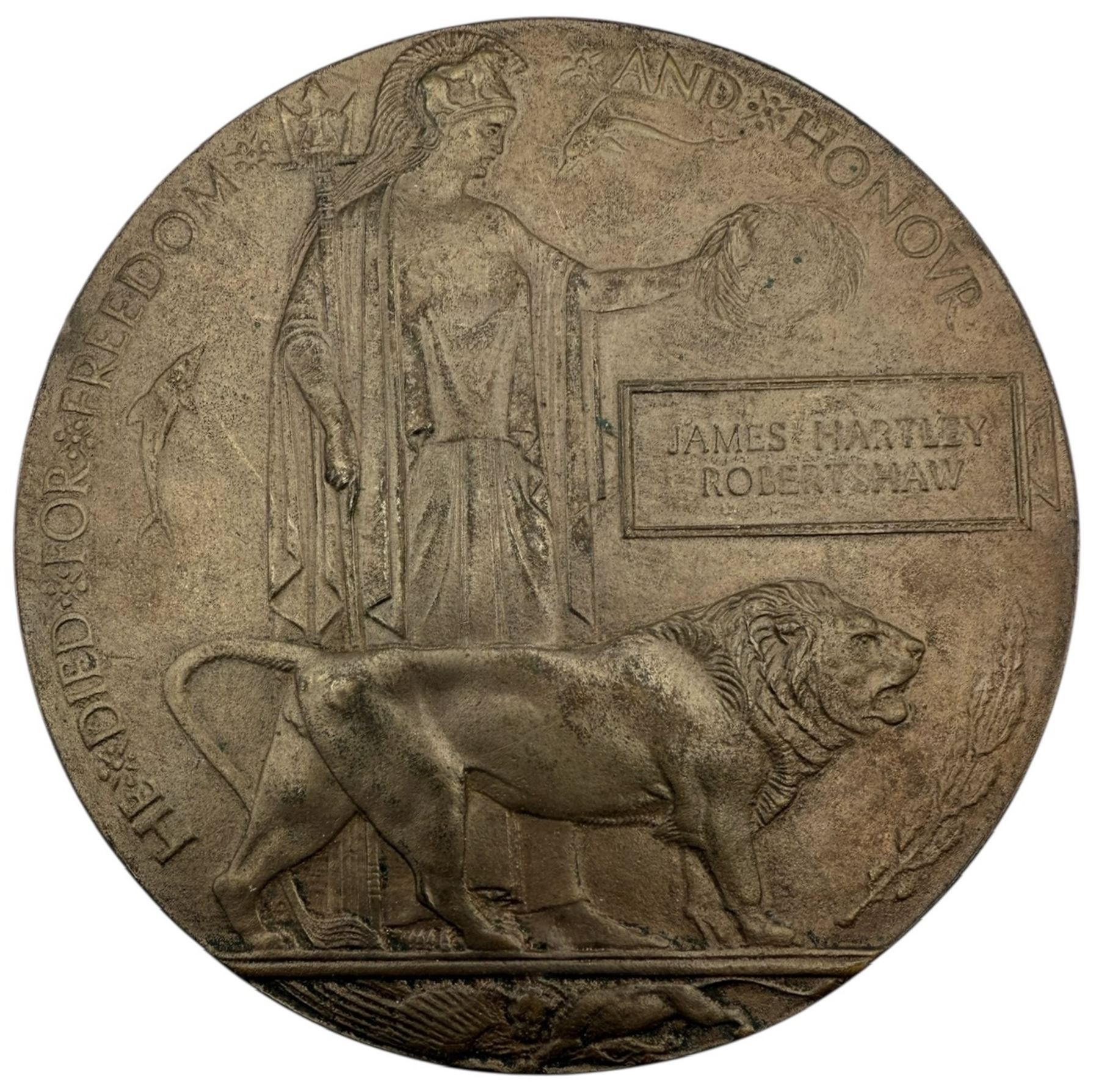 WWI death plaque for James Hartley Robertshaw, in original envelope 