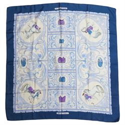 Hermes 'La Presentation' silk scarf in teal and cream colourway, designed by Christiane Va...