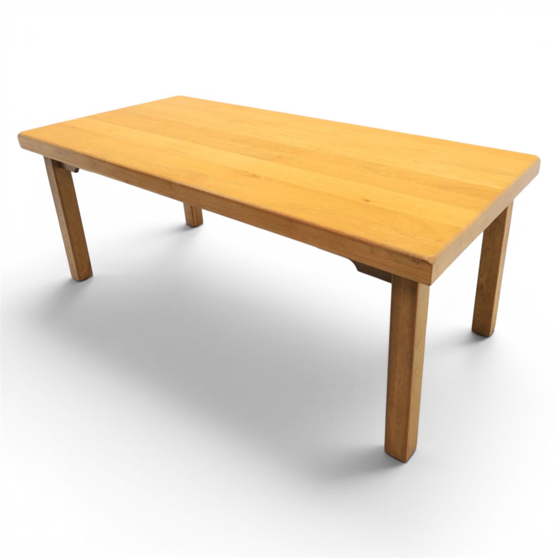Contemporary solid oak dining table, and set of eight chairs, rectangular plank top with chamfered edges, raised on square supports