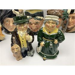 Large collection of Royal Doulton character jugs, to include Robinson Crusoe D6532, Tam O Shanter D6632, The Falconer D6533 etc, together with similar charater jugs and toby jugs   