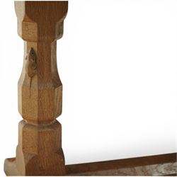 Mouseman - oak rectangular adzed coffee table, octagonal supports united by stretcher terminating in sled feet, with carved mouse signature, by the workshop of Robert Thompson of Kilburn 