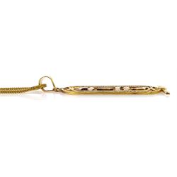 Gold Egyptian pendant depicting hieroglyphs, tested 19.2ct, on gold foxtail chain necklace, tested 18.6ct
