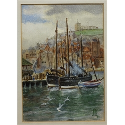  English School (Early 20th century): Robin Hoods Bay looking towards Ravenscar, watercolour unsigned 22cm x 32cm, and JPB (British Contemporary): Boats in the Lower Harbour Whitby, watercolour signed with initials and dated '07, 24cm x 17cm (2)  