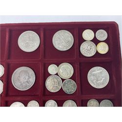 Great British and World coins including King George V 1935 crown, various silver three pence pieces, United States of America 1944 quarter dollar etc, housed in a coin tray