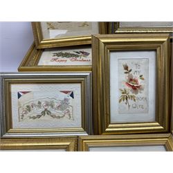 Collection of thirty, mostly WWI period embroidered silk greetings cards and postcards, including 'Happy Christmas', 'From your loving son' and 'Souvenir from France' examples, all within modern gilt frames