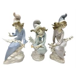 Lladro Star Bright Girl set, comprising Wishing on a Star no 1475, Starlight Starbright no 1476 and Stargazing  no 1477, all in original boxes, largest example H19cm