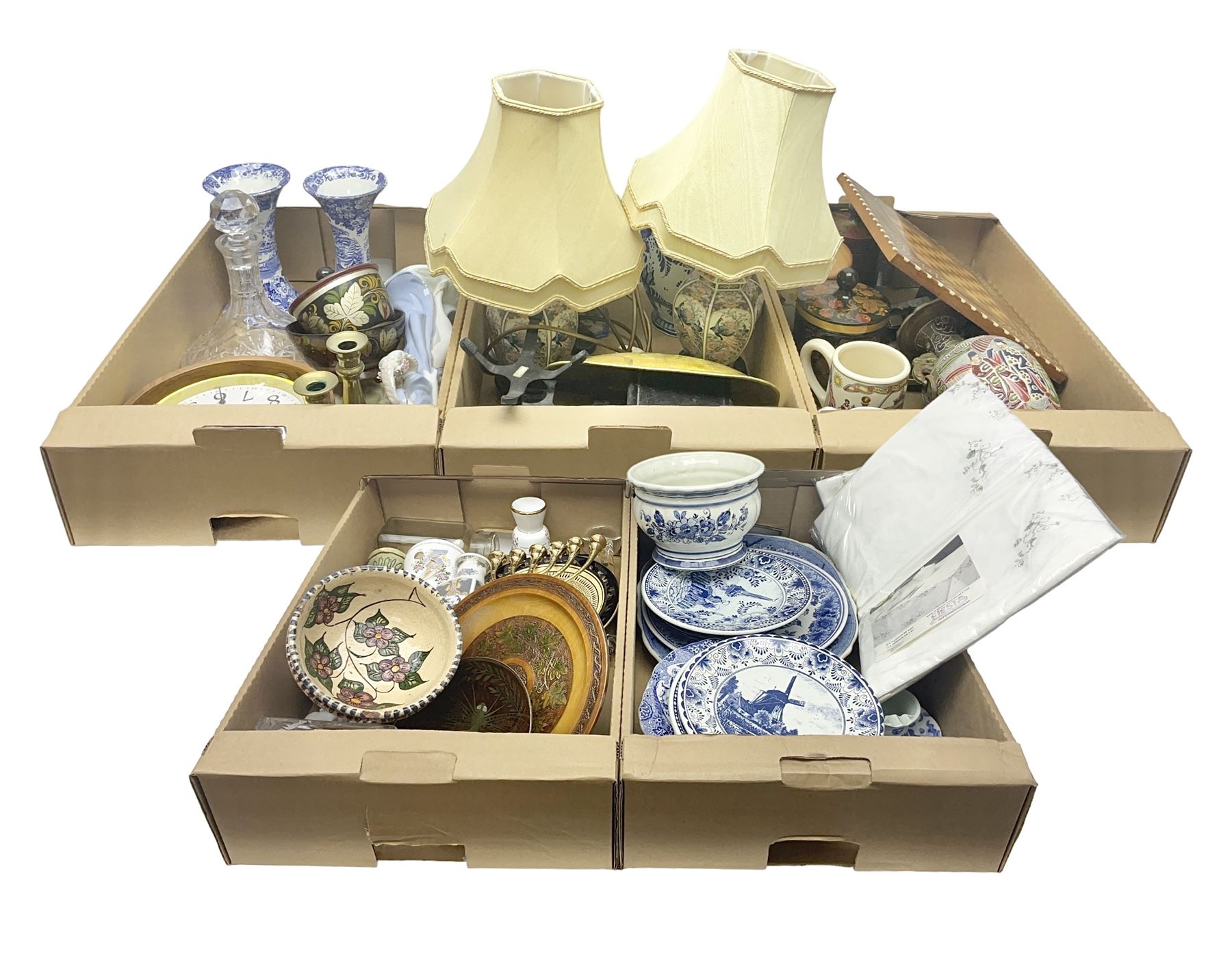 Set of metal weighing scales, pair of Chinese style ceramic table lamps, blue and white ceramics, oriental ceramics and a collection of other glassware, metal ware and collectables, in five boxes 