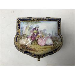 Sevres style late 19th/early 20th century trinket box decorated in the rococo style, the shaped cover painted with an 18th century courting couple in a garden scene opening to reveal the interior painted with floral sprays, the conforming body with a painted panel of floral decoration, all reserved upon cobalt blue ground with foliate gilt borders, with interlaced L's mark beneath, L12cm H6cm