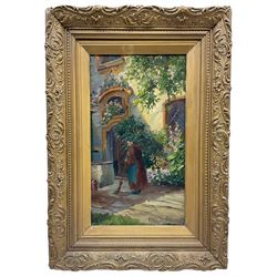 Hans Holzapfel (German 1884-1960): Monk Sweeping a Courtyard, oil on canvas mounted onto board signed 36cm x 20cm