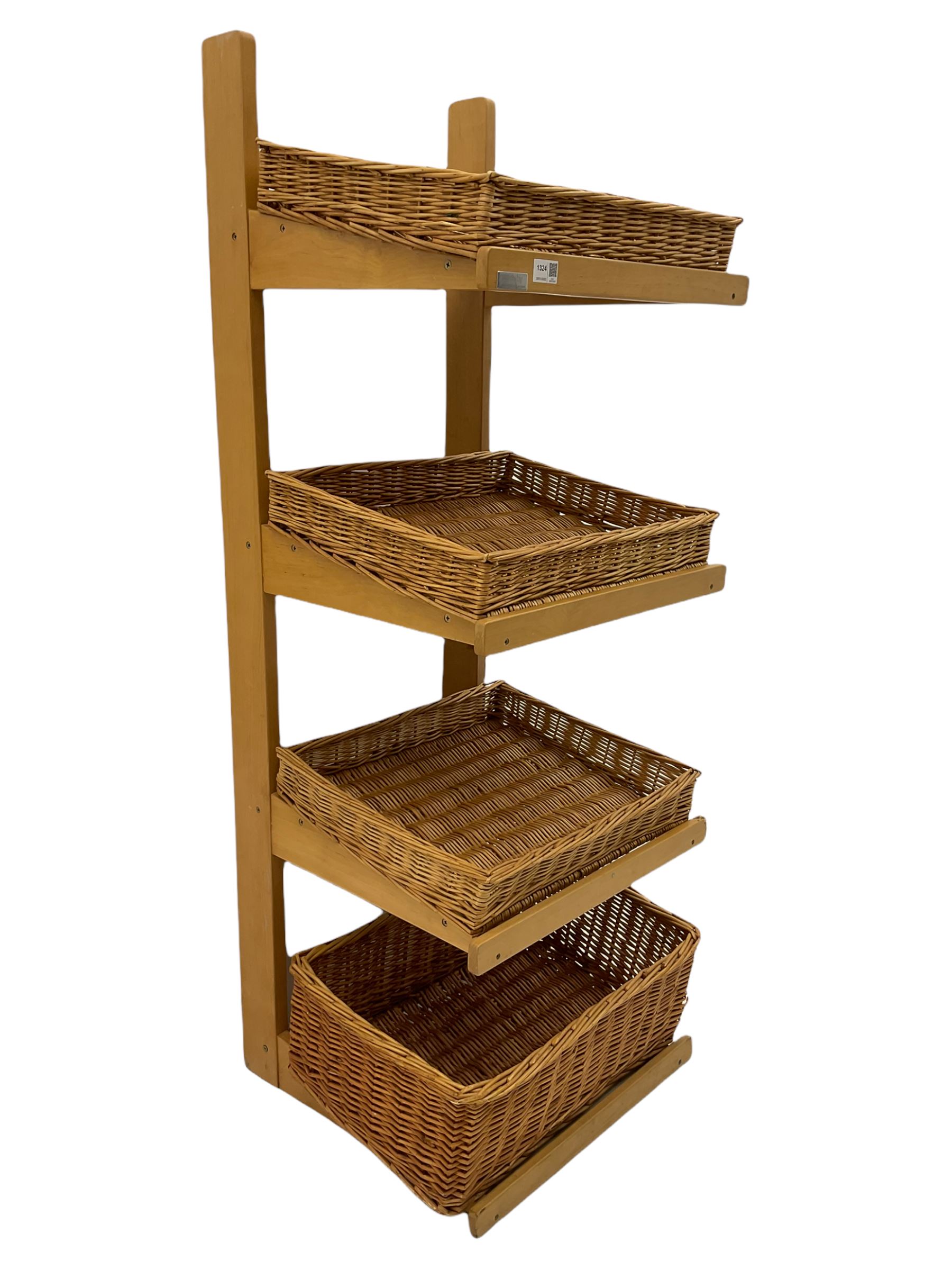 Gadsby beech four tier shop display stand, with wicker baskets