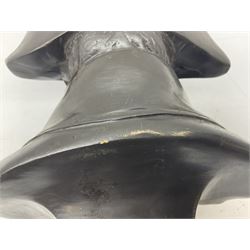 Bronze bust modelled as Napoleon, head and shoulders, wearing his hat and with open collar, on a tapering square section base, marked to the reverse 'Lecomte '82', H36cm