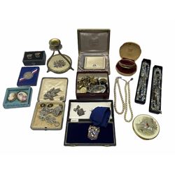 Vintage Christian Dior compact in original box, silver 'Past Mayor' medallion on ribbon by Walker & Hall boxed, Silver Bible pendant on bow brooch hallmarked, stamped 9ct gold cameo and a collection of vintage and later costume jewellery