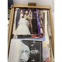 A large collection of commemorative ware, including Wedgewood Jasperware plates and trinket box for Royal silver jubilee, Shelley teacup and saucer for Edward VIII coronation, Bisto cups and saucers for George V and Queen Mary's coronation in 1911, loving cup, 1937 Coronation basket, thimbles, magazines and new cuttings etc. 