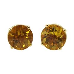 Pair of 18ct gold round citrine stud earrings, stamped 750