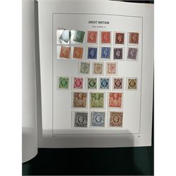 Extensive single album collection of Great British Queen Victoria and later stamps, including QV penny black with three margins, 1840 two pence blue, perf two pence blues with white lines added, QV one pound brown lilac, QV one pound green, King George V seahorses, 1929 Postal Union Congress one pound black, King George VI 1939-48 set of six with ten shillings dark blue, Queen Elizabeth II pre-decimal issues, housed in a Stanley Gibbons Great Britain 2001 album, a well presented collection with few ommissions