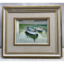 J Guido (Italian 20th Century): Moored Boats, oil on canvas signed 17cm x 23cm 