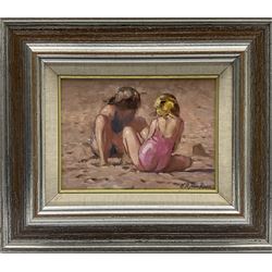Nicholas St John Rosse (British 1945): 'Two on the Sand', oil on board signed, titled verso 15cm x 20cm
Provenance: with Royall Fine Art, Tunbridge Wells, label verso