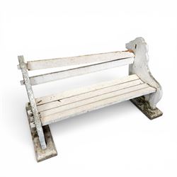 Composite stone white painted garden lion bench, the end supports in the form of standing lions, with pegged back and seat slats