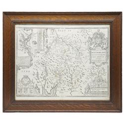 John Speed (British 1552-1629): 'The Countie of Westmorland and Kendale the Cheif Towne Described', 17th century engraved map uncoloured with inset town plan of Kendal and armorials pub. Thomas Bassett & Richard Chiswell  c.1676, with margins, 42cm x 52cm
