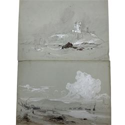 George Balmer (British 1806-1846): 'Dunstanborough Castle' Berwick' 'Blyth' & 'Bamborough Castle', five pencil sketches highlighted in brown and white on grey paper signed titled and dated 1835, 23cm x 32cm; 'Bamborough Castle', 19th century pencil unsigned 34cm x 45cm (unframed) (6)