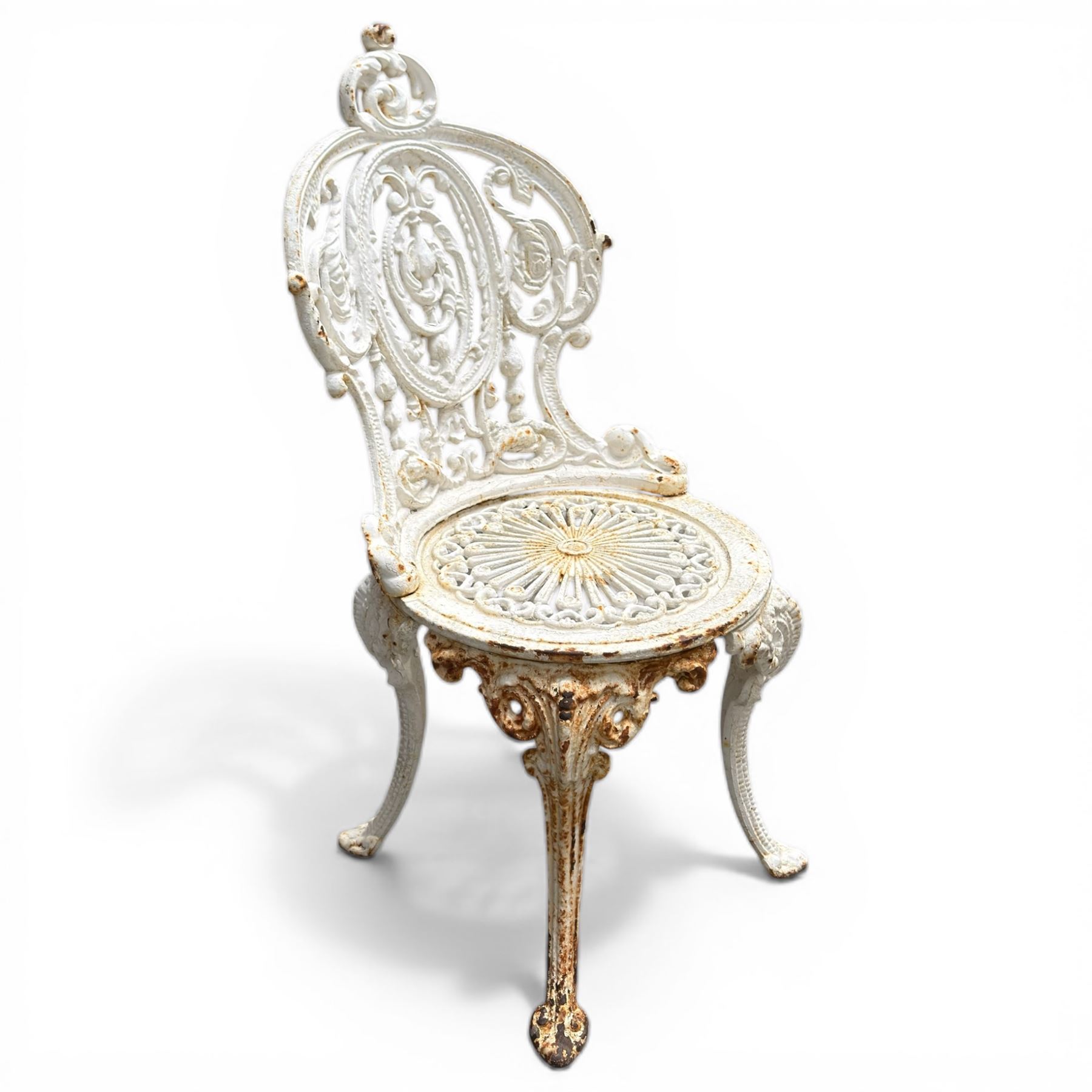 Victorian cast iron white painted garden table with aluminium top and cast iron chairs