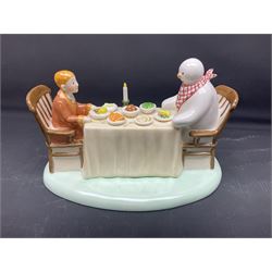 Three Coalport Characters The Snowman figures, comprising Dinner for Two, Off Piste and Winter Fun, all with certificates and original boxes 