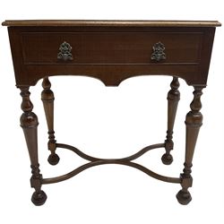 Georgian design mahogany lowboy, fitted with single cock-beaded drawer over double-arched apron, raised on turned supports united by shaped X-stretcher