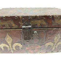 20th century box, decorated in faux leather with the royal coat of arms and GR 1719 to hinged cover, with fleur-de-lis, lion, crown and rose motifs throughout and studs to all edges, opening to reveal a purple velvet interior containing three removable wooden trays, H18.5cm