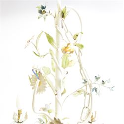 Mid-20th century French toleware chandelier, designed as a multicoloured floral bouquet, five branches each terminating in light fittings