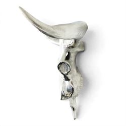 Contemporary cast metal bull skull wall ornament, polished silver finish with textured detailing and outstretched curved horns  