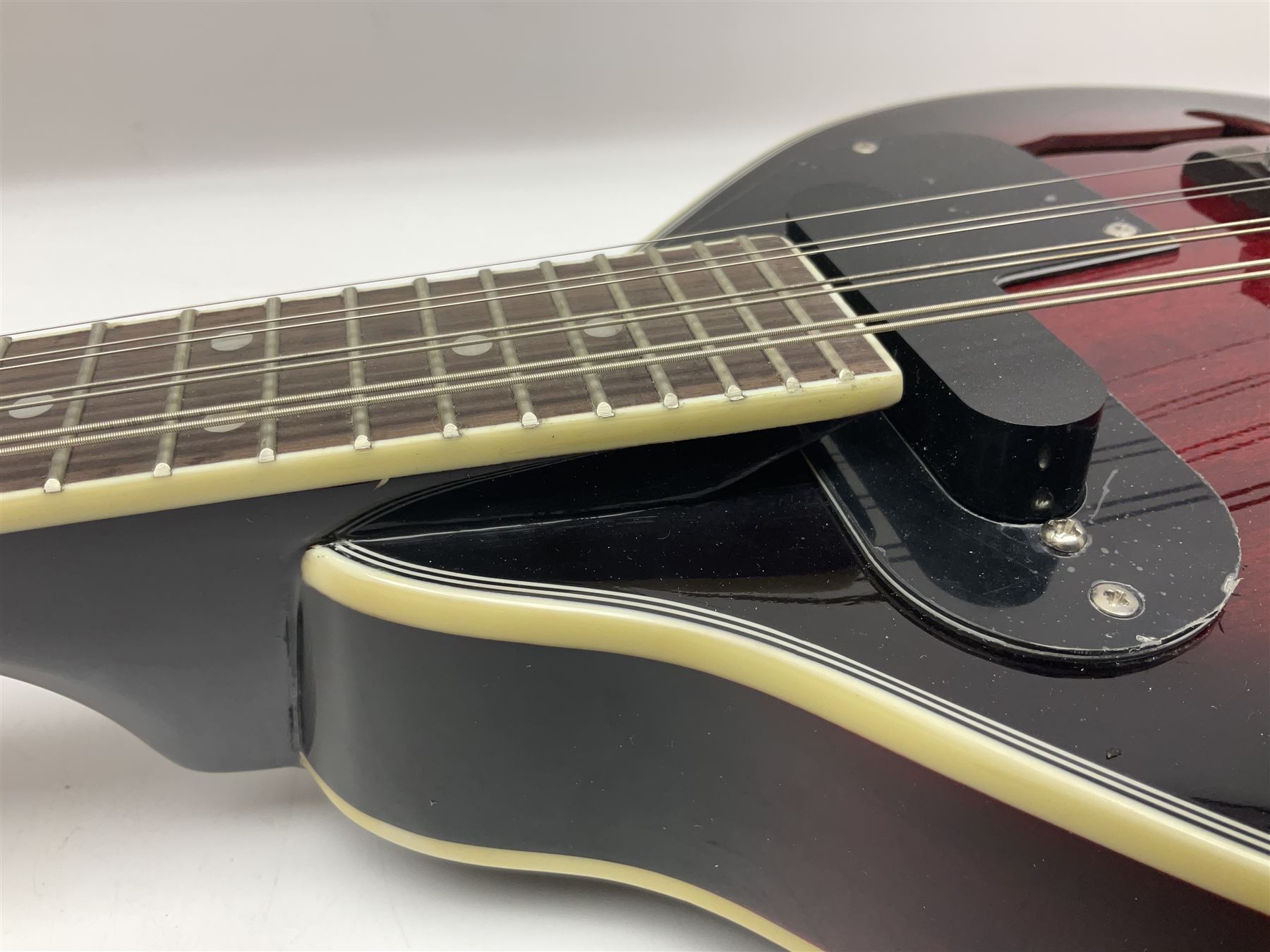 Stagg Model M50 E eight-string electro-acoustic mandolin; bears makers label L69cm; in cardboard delivery box with lead