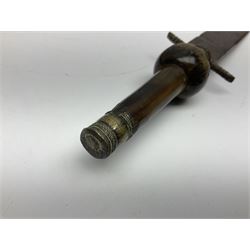 19th century continental folding knife with 15.5cm single edged blade, the pierced brass and iron handle with remains of horn grips L21.5cm overall closed; turned horn handled knife with foliate engraved blade; battlefield relic German 1884/98 knife bayonet; iron spear head; leather covered swagger stick; and two-piece gun cleaning rod