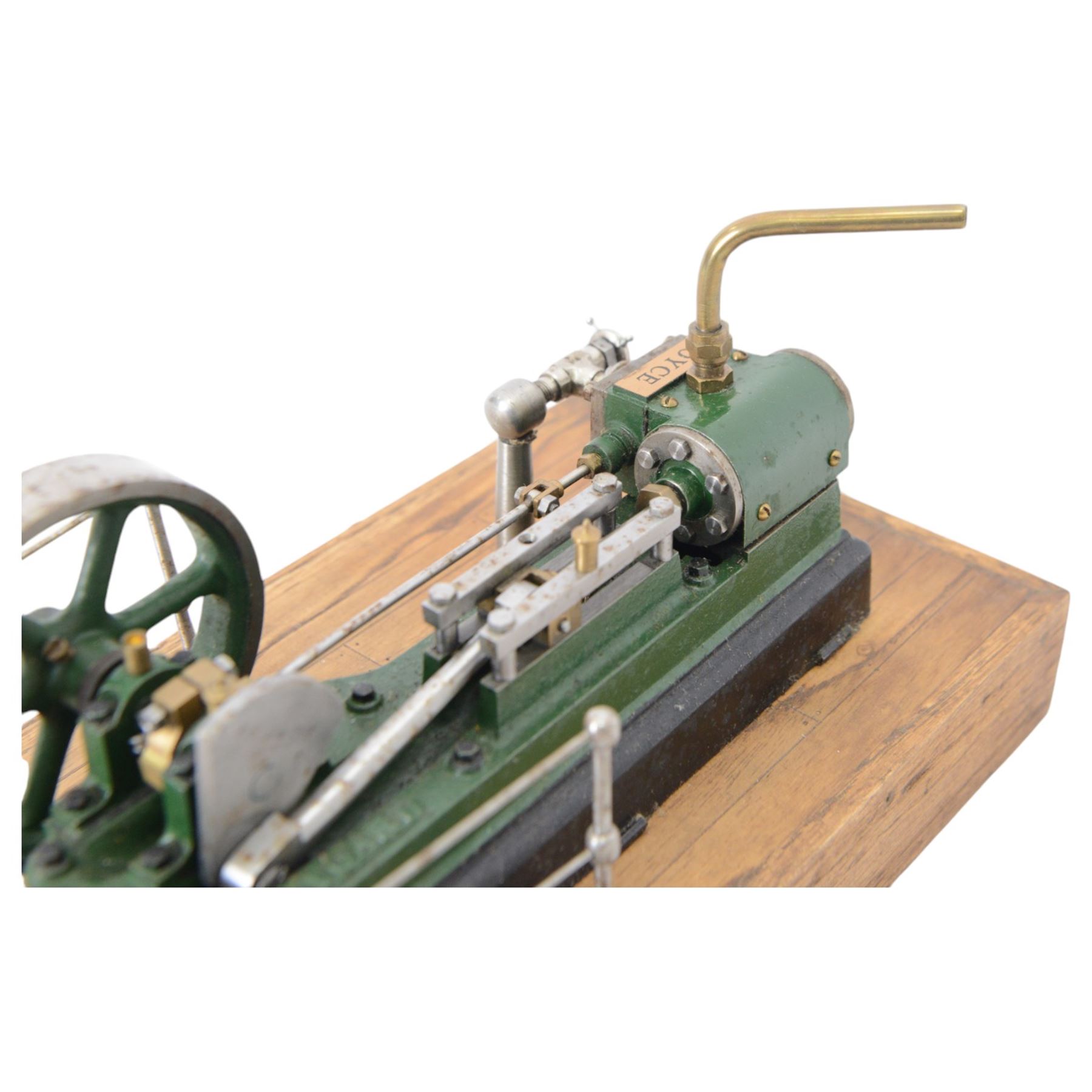 Stuart Models kit built stationary live steam engine, with plaque to one side reading 'Joyce', in green and black finish, upon wooden plinth, engine L22cm
