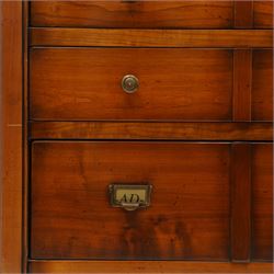 And So To Bed - cherrywood tall chest of six drawers, rectangular top over six long drawers, brass knobs and brass pulls with label holders, raised on a plinth base