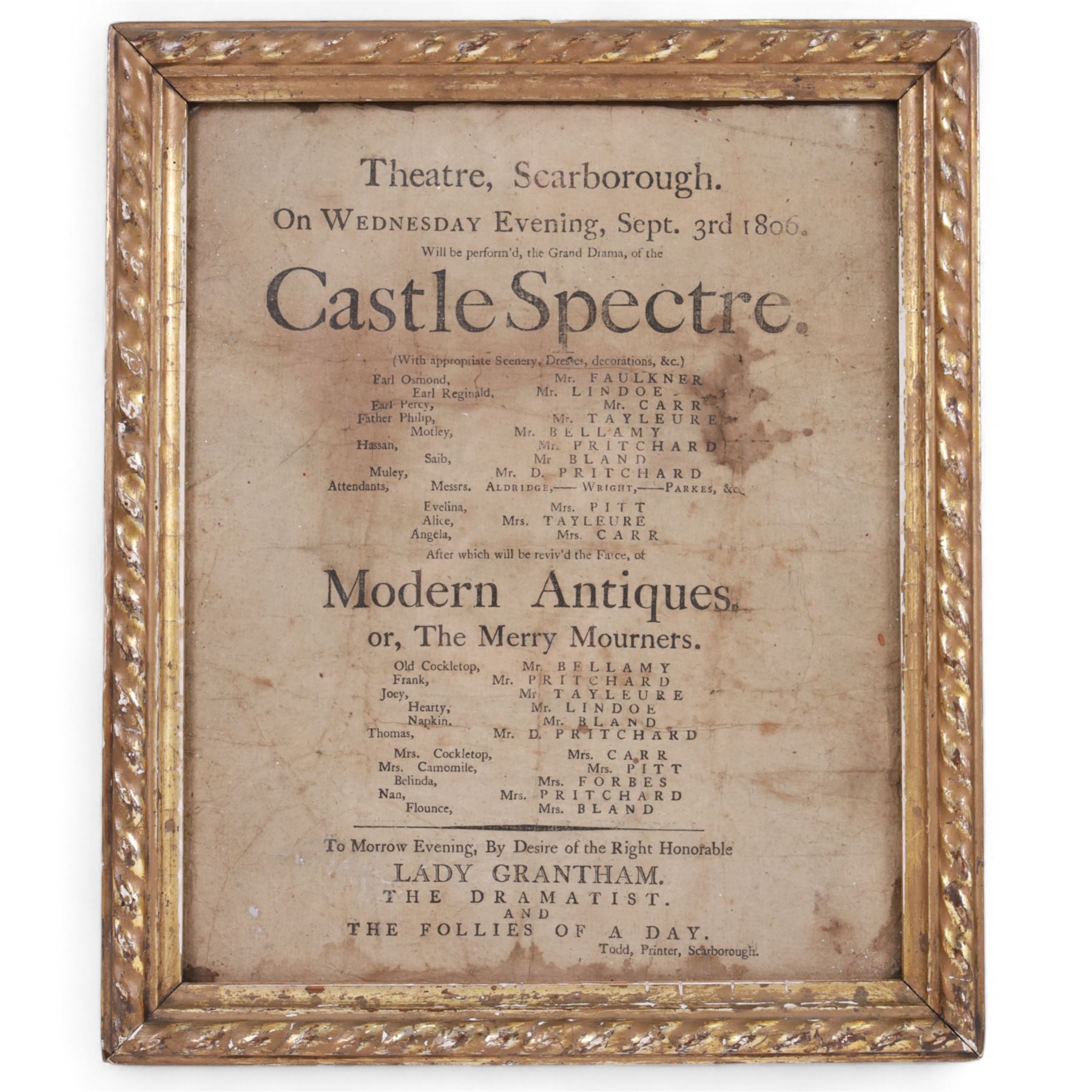Early 19th century Scarborough theatre bill, introducing a performance of the grand drama 'Castle Spectre' and the farce 'Modern Antiques' each with cast list, dated Sept 3rd 1806, contained within gilt frame, together with a late 19th century programme for Lady Ida Sitwell's Entertainment charity concert at the Grand Hotel Scarborough with coloured figural decoration, in black frame, tallest H41cm