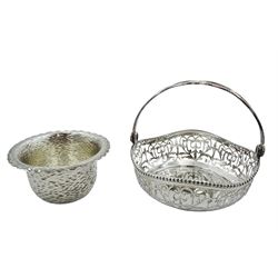 Victorian silver bowl, of circular form with 'frilled' rim and textured osier type body, hallmarked Howell & James Ltd, Sheffield 1887, D10cm, together with a modern silver swing handled basket, of circular form with scrolling openwork sides and beaded rim, hallmarked C J Vander Ltd, Sheffield 2006, D12.5cm, approximate total weight 7.49 ozt (233 grams)
