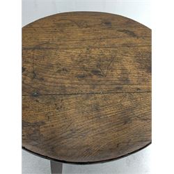 18th century oak jointed cricket table, circular three plank top on three splayed and tapering supports