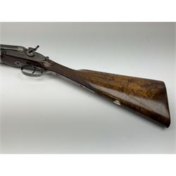 19th century Purdey 12-bore side-by-side double barrel black powder hammer gun, 76cm cylinder bored un-choked barrels with 2.5