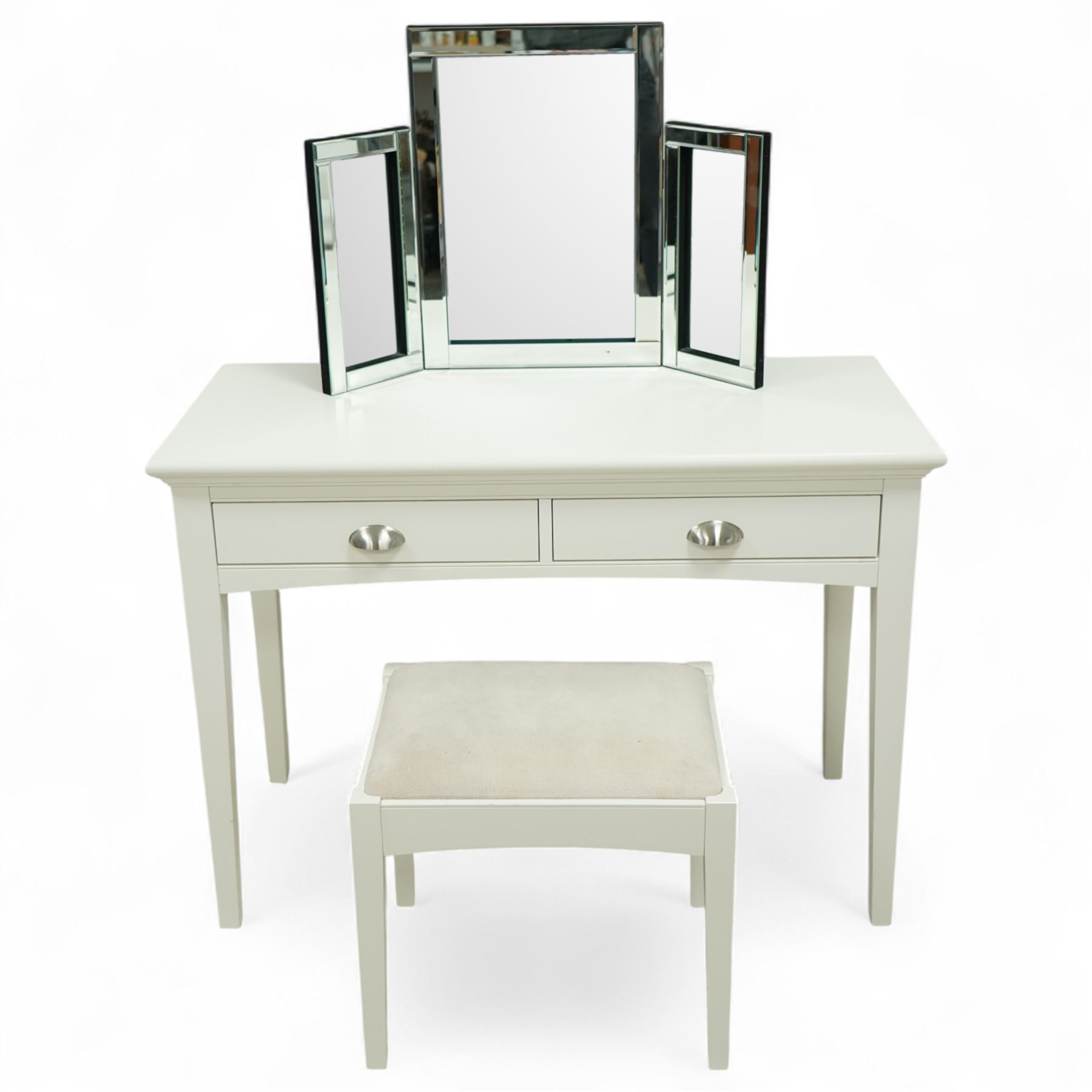 Barker & Stonehouse - Carrington console dressing table, with stool, and free-standing mirror, contemporary cream painted dressing table set, rectangular top above two drawers with brushed steel cup handles, on square tapering supports, with matching upholstered stool (H 43cm, W 50cm, D 38cm) and bevelled edge triple folding mirror (H 54cm, W 78cm)