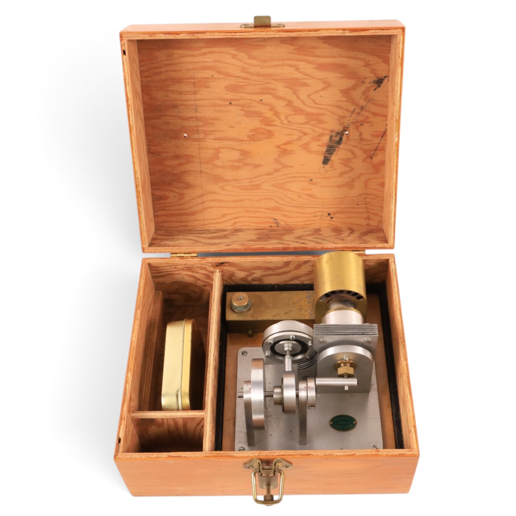 Collection of kit built model engines, including a Stirling Engine and vacuum engines, all with makers plaques for Hanby Malton